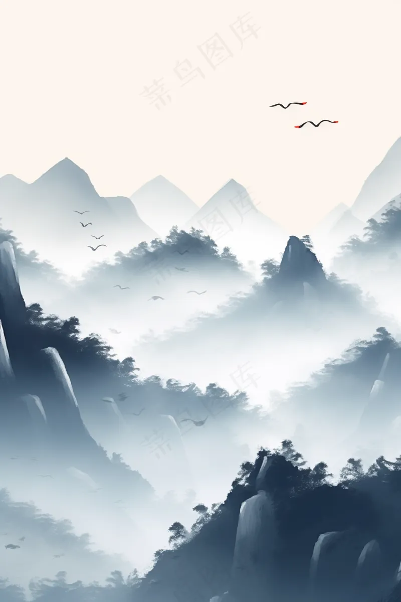 中国山川山峰层峦叠嶂国画水墨画素材背景(2688x4032)