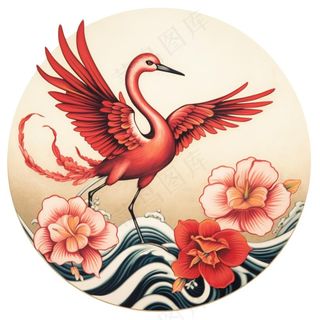 国潮仙鹤国风圆形插画免抠