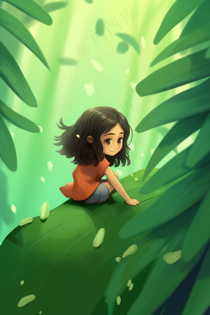 春夏女孩坐着绿叶上创意插画背景