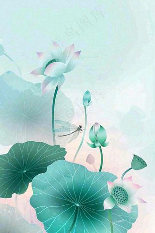 夏天小清新荷花荷叶静雅弥散风绿粉色蜻蜓立夏夏至处暑插画背景