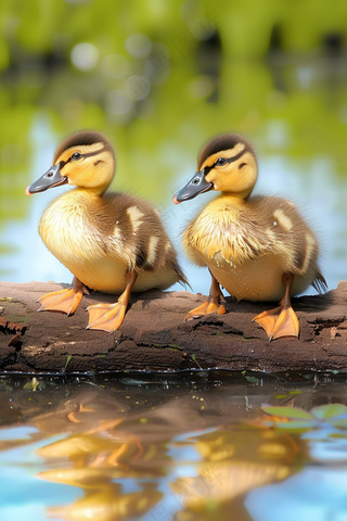 湖水里嬉戏的小鸭子春天摄影图