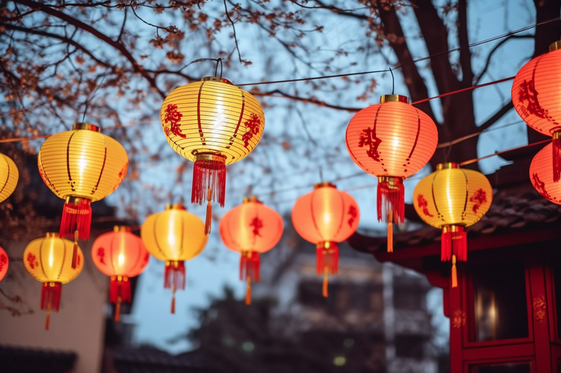 新年树梢挂着红灯笼喜庆摄影图(4032x2688)