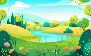 春天插画立春节气郊游遇见春天你好春天花草春风旅游草地风景扁平画背景