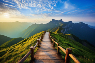 爬山栈道高山山顶云雾大自然风光摄影图