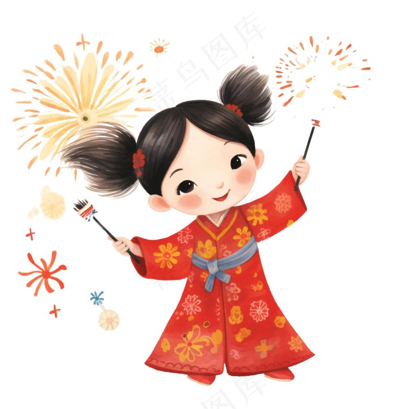 新年放烟花庆祝春节儿童开心过大年卡通插画免抠