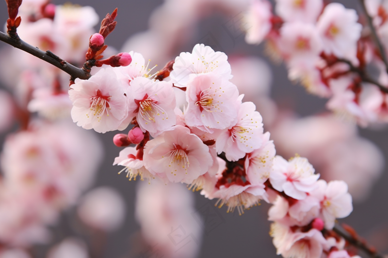 粉梅花春天桃花樱花树枝抽新芽摄影图