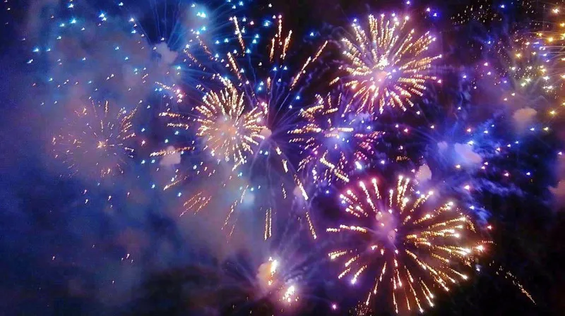 夜晚天空中绽放的绚丽烟花节日庆祝摄影图(1456x816)