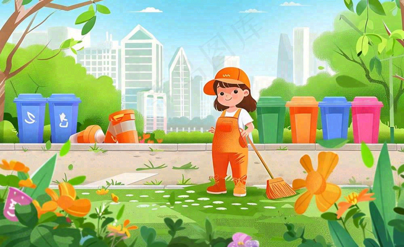 环卫工人清洁街道劳动职业保护环境城市卫生卡通插画背景