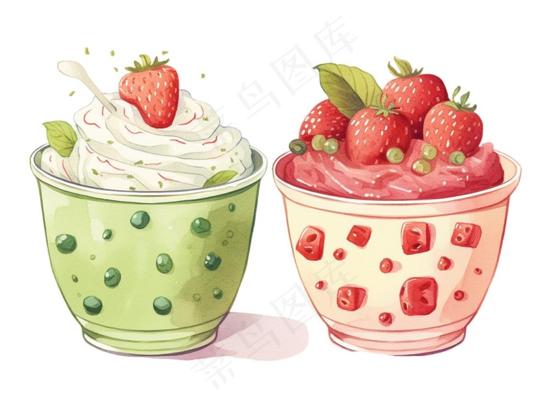 抹茶草莓奶茶奶油夏日清凉饮品卡通手绘插画免抠(1232x928)