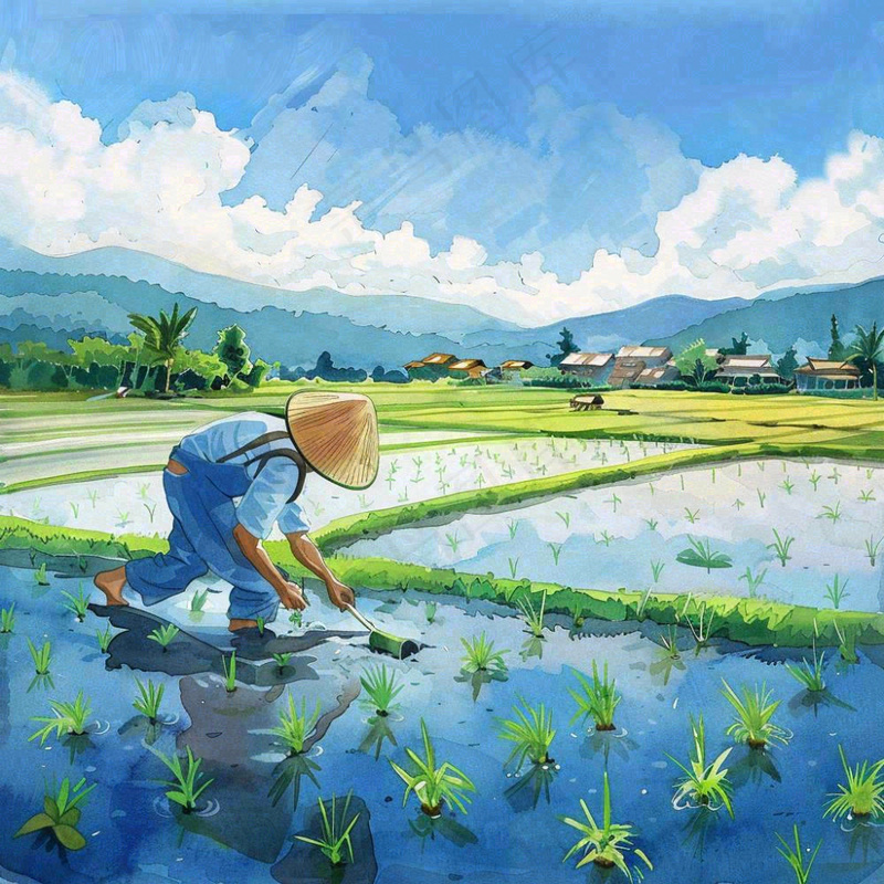水彩手绘谷雨农夫插秧小满芒种蓝色清新背景插画(1024x1024)