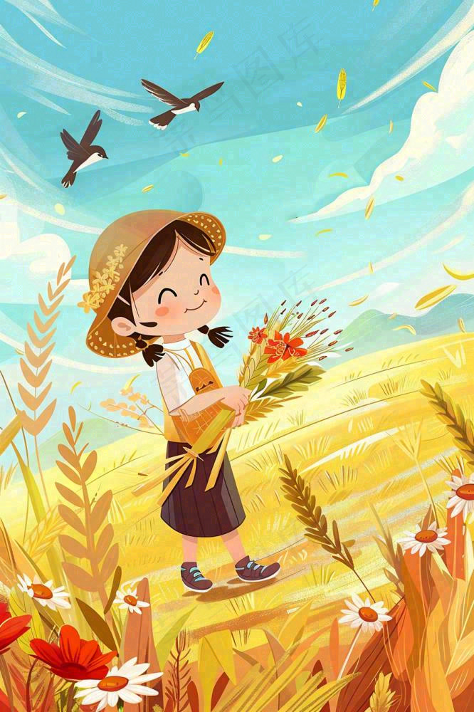 秋意浓丰收季女孩农场采收大雁芒种立秋秋分插画背景(896x1344)
