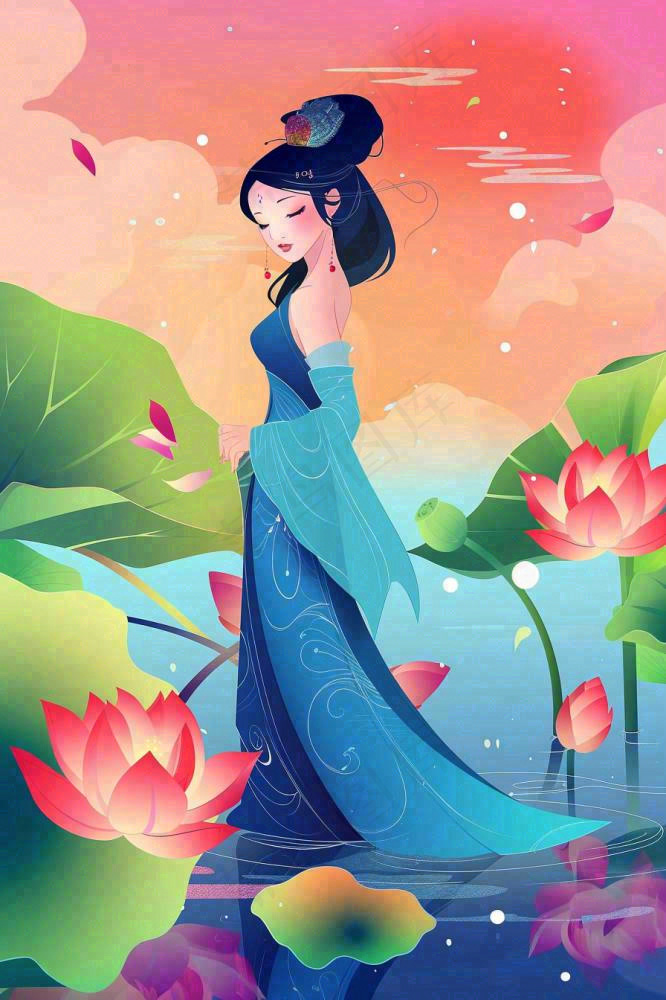 夏天古风国风古装少女荷花莲花池塘夜晚赏月夏至处暑中秋插画背景(896x1344)