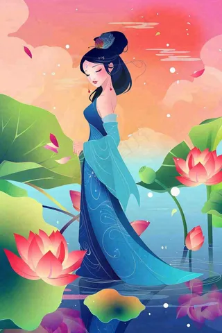 夏天古风国风古装少女荷花莲花池塘夜晚赏月夏至处暑中秋插画背景