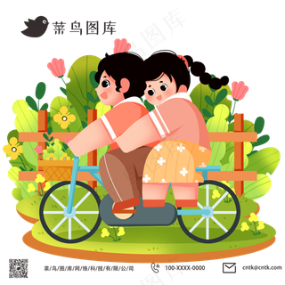 情侣春天春季郊游踩单车浪漫