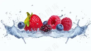 新鲜草莓蓝莓覆盆子口味水波溅起白色背景摄影图