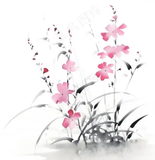 彩色手绘水墨风中国风兰花植物插画免抠