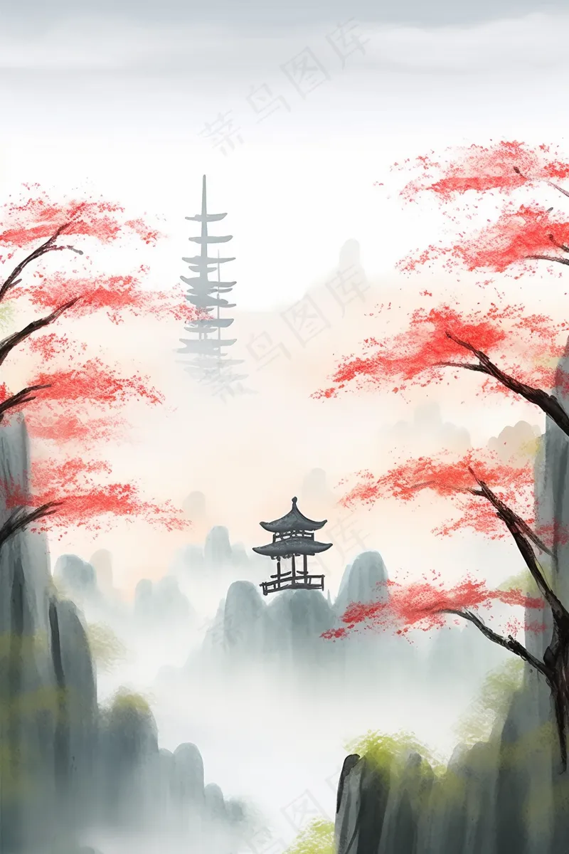 山峰凉亭红花树枝国画水墨画素材背景(2688x4032)