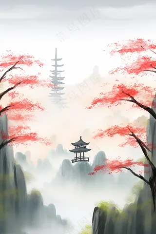 山峰凉亭红花树枝国画水墨画素材背景