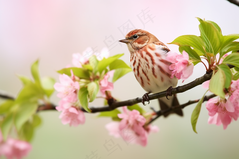 春天桃花树枝上的小鸟摄影图
