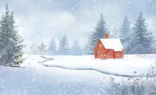 冬天雪景河流森林小屋白雪皑皑小雪大雪冬至立冬水彩画卡通插画背景