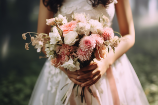 拿手捧花新娘白色婚纱森林婚礼摄影图