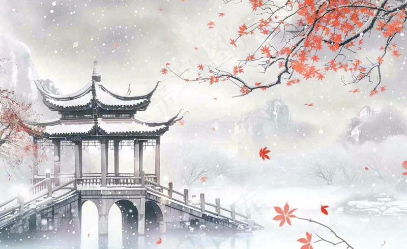 冬天雪景梅花水中凉亭雪花飘落冬至立冬古风小雪大雪手绘水墨国画插画背景(1408x864)