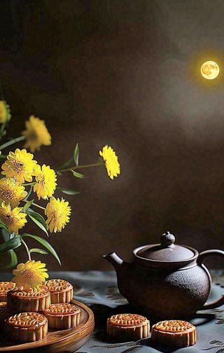 中秋月饼传统糕点美食圆月黄花摆盘精美摄影图
