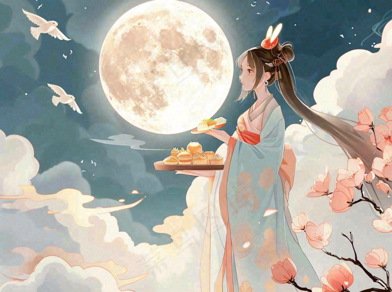 中秋节嫦娥玉兔月下嫦娥手捧月饼插图卡通唯美手绘可爱古风插画壁纸背景(1264x944)