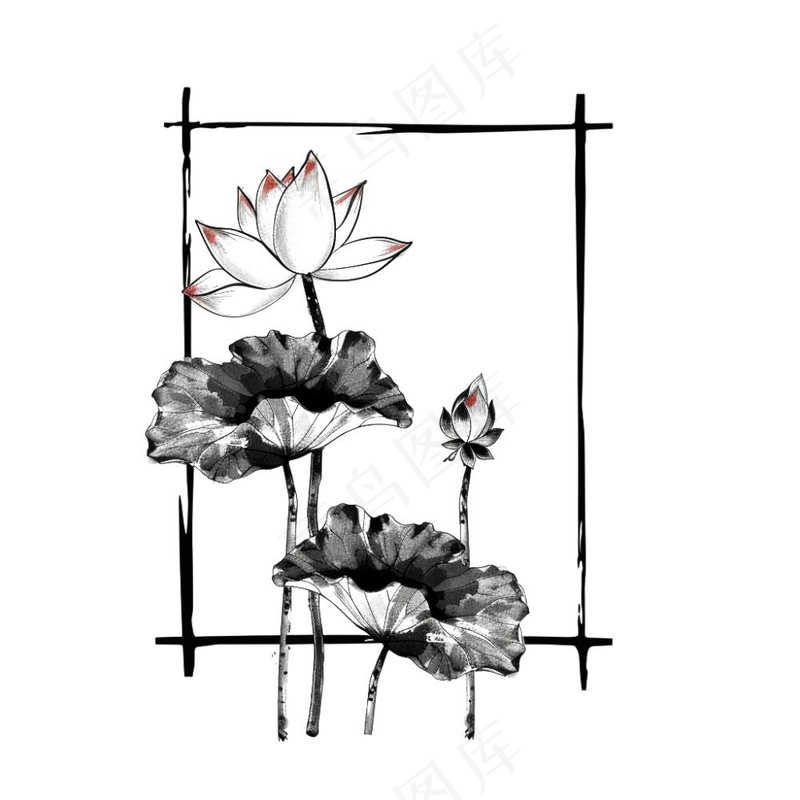荷花莲花水墨画边框中国风插画免抠