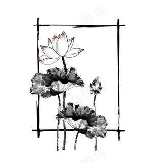 荷花莲花水墨画边框中国风插画免抠