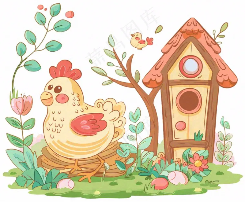 母鸡鸡窝孵鸡蛋植物木屋牲畜动物卡通插画免抠(1200x992)