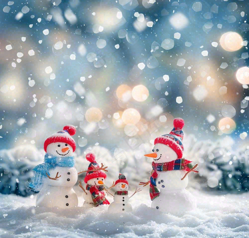 冬天雪地堆雪人唯美光圈温馨雪花飘零立冬冬至小雪大雪圣诞摄影图(1072x1024)