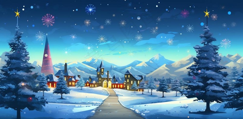 冬季雪天圣诞小镇装饰夜晚节日氛围卡通插画背景(1568x768)