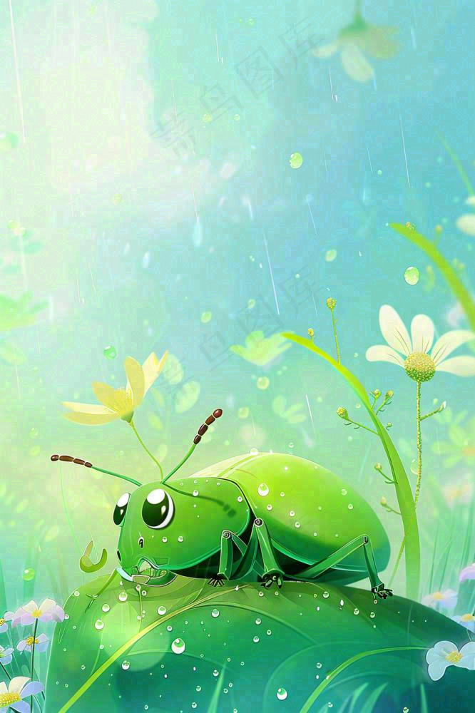 春天绿色甲壳虫昆虫草丛花朵雨水谷雨惊蛰卡通插画背景