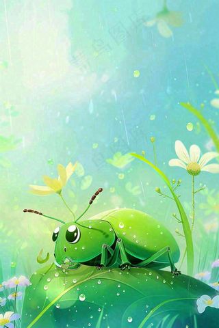 春天绿色甲壳虫昆虫草丛花朵雨水谷雨惊蛰卡通插画背景