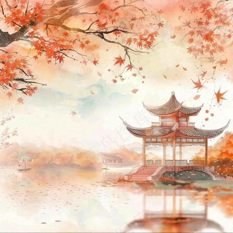 秋天红色枫叶江南水乡凉亭水墨画古风插画背景(1024x1024)
