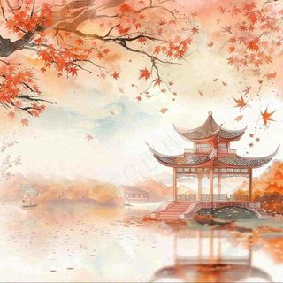 秋天红色枫叶江南水乡凉亭水墨画古风插画背景