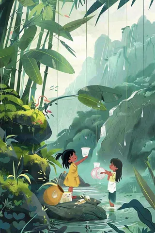 夏天孩子们在森林丛林小溪玩水嬉水处暑夏至卡通插画背景