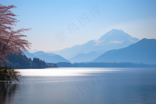 阳光下波光粼粼的湖面山峰摄影图