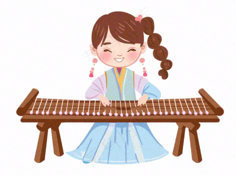 中国传统乐器弹奏古筝琵琶中国风古装女孩人物卡通插画免抠
