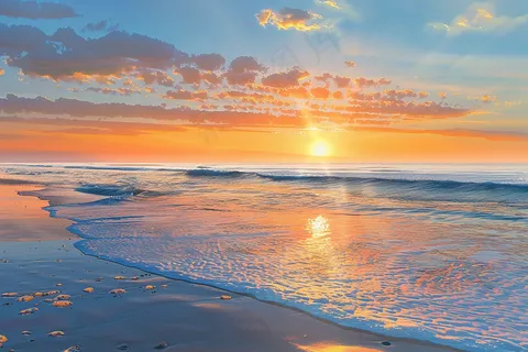 海上日出朝霞云层沙滩海浪摄影图