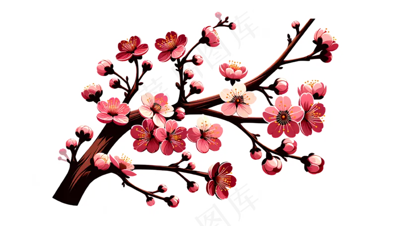 樱花树枝 矢量艺术风格 透明背景免扣