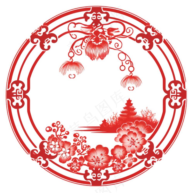 中式红色圆形贴纸窗花插画免抠(1024x1024)