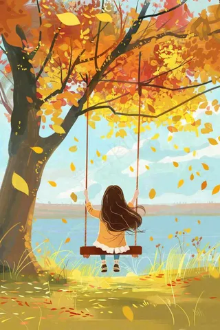 秋天湖泊大树下荡秋千的女孩落叶立秋秋分卡通插画背景