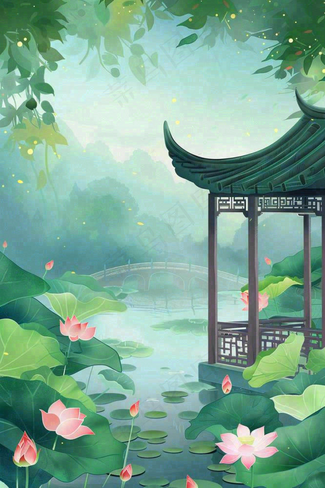 夏日江南苏式园林荷花池塘凉亭树荫阳光立夏夏至处暑插画背景