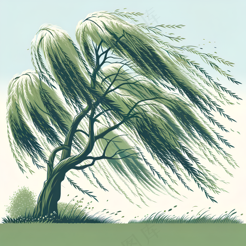 柳枝随风飘扬的柳树 简约背景 漫画卡通风格