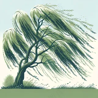 柳枝随风飘扬的柳树 简约背景 漫画卡通风格