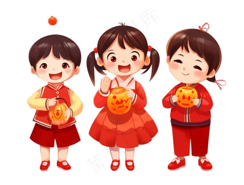 红色儿童小孩拜年过年新年春节元旦喜庆手绘卡通插画免抠(1264x960)