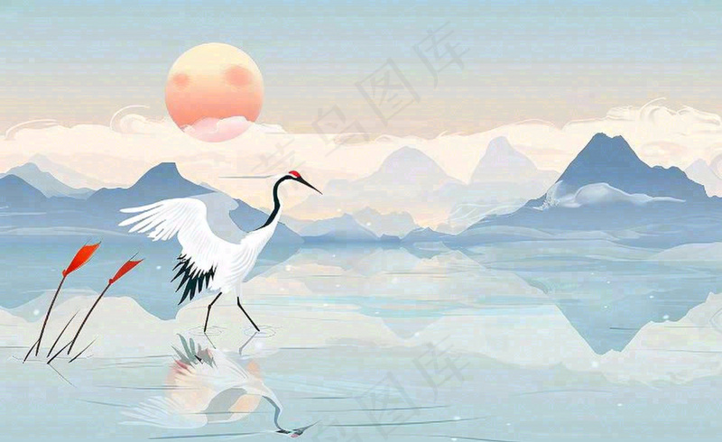 唯美白露仙鹤鸟山水风景秋天芦苇日落日出秋天插画背景(1408x864)