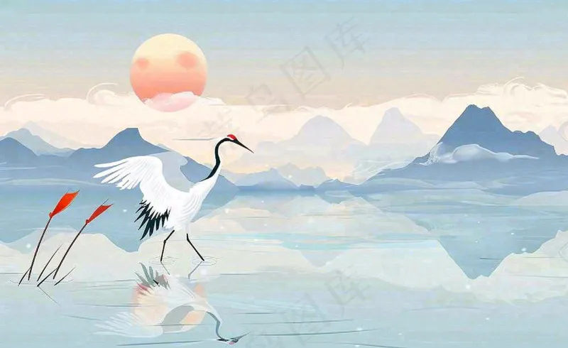唯美白露仙鹤鸟山水风景秋天芦苇日落日出秋天插画背景(1408x864)